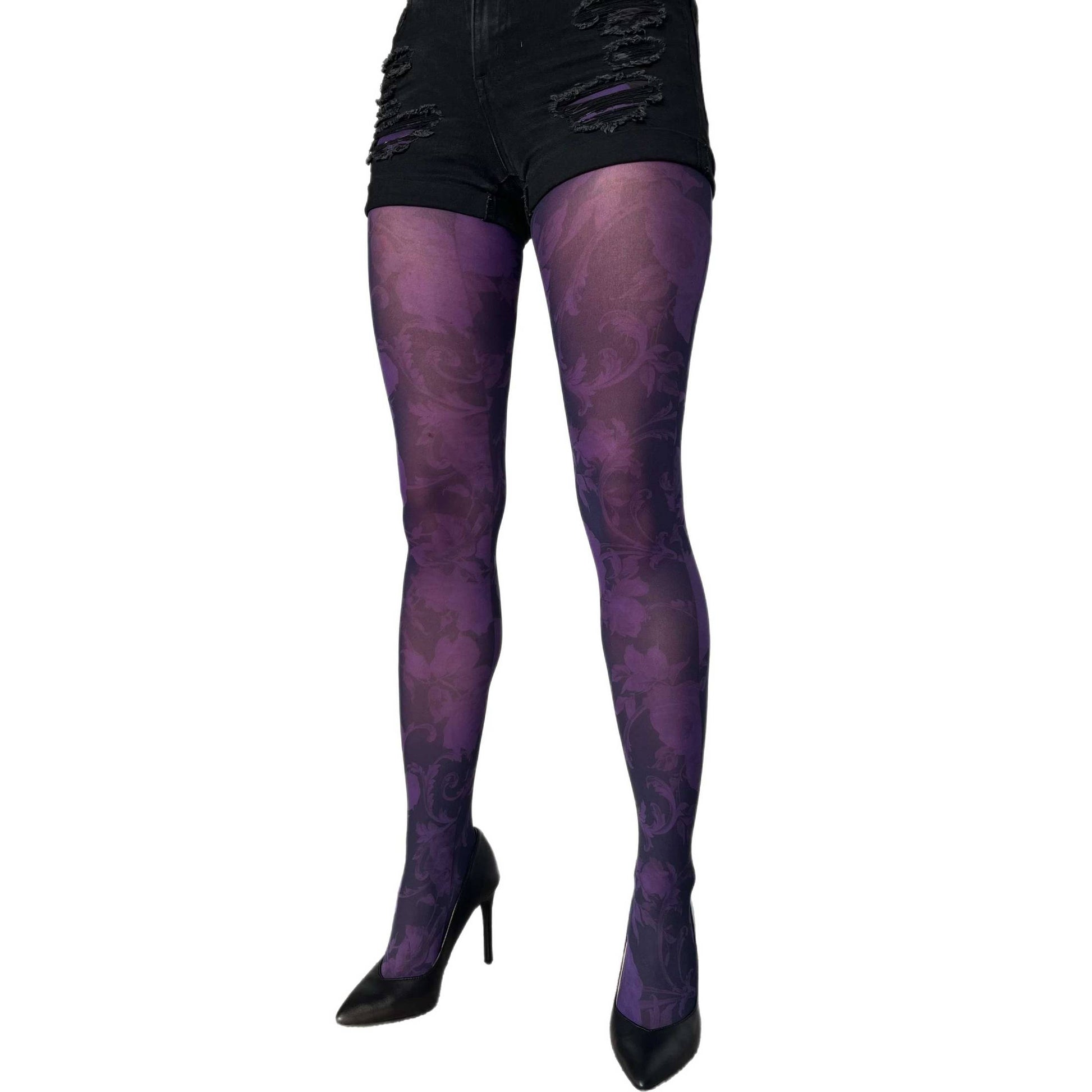 Purple floral patterned tights worn with black high heels sold at Malka Chic