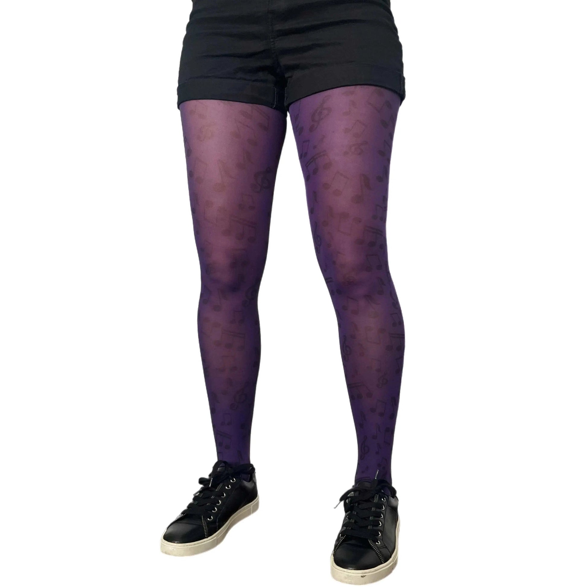 Purple musical print tights by Malka Chic for creative outfits