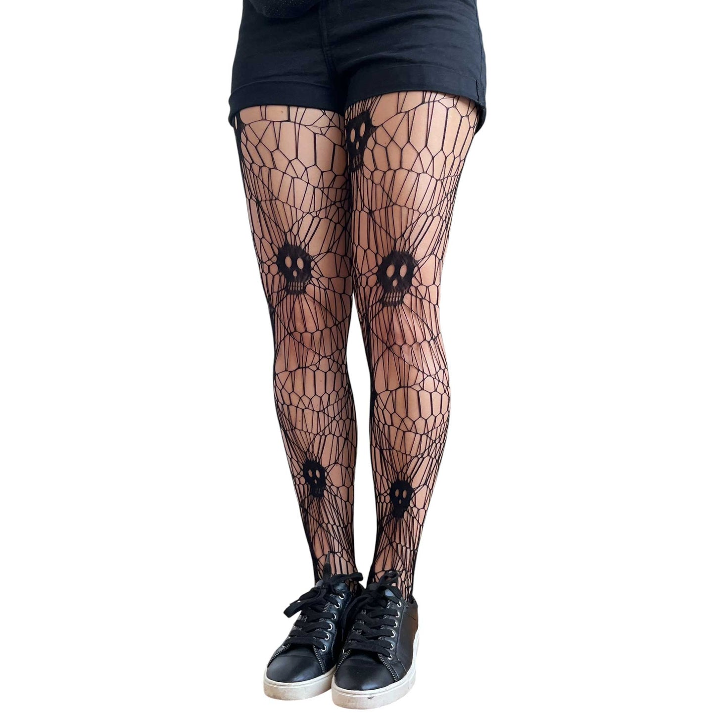 Black alternative fashion tights with intricate spider web fishnet pattern