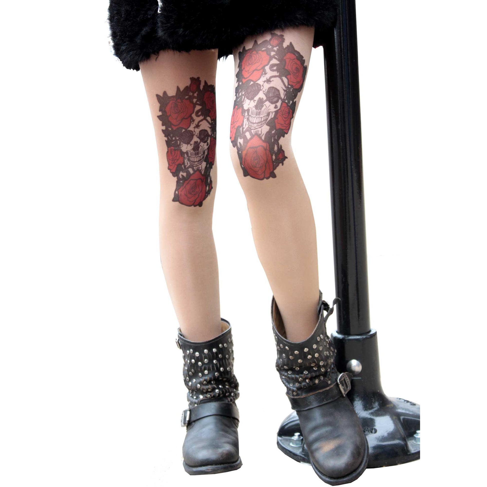 Skull and Roses Sheer Tattoo Tights For women sold at Malka Chic