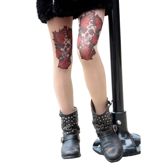 Skull and Roses Sheer Tattoo Tights For women sold at Malka Chic