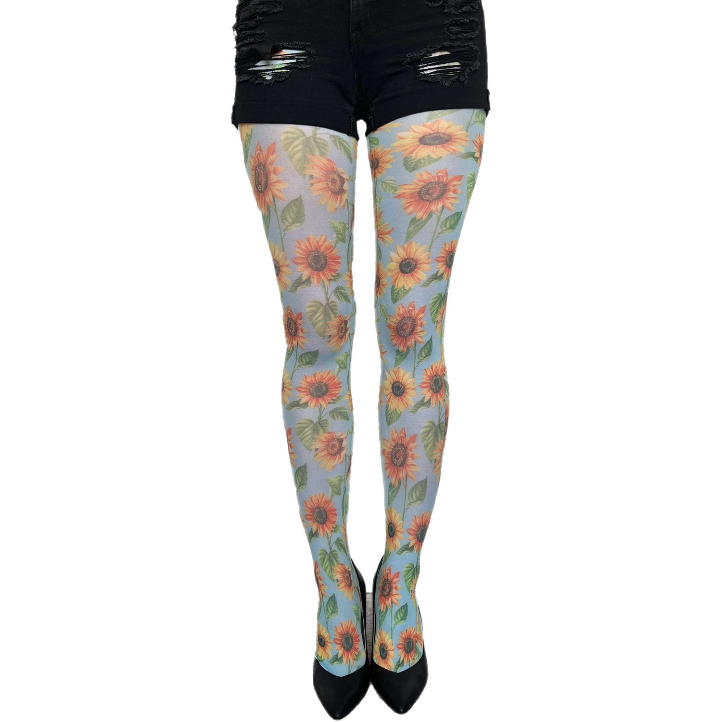 Sunflower printed tights for women by Malka Chic featuring bright yellow floral pattern perfect for fall outfits.