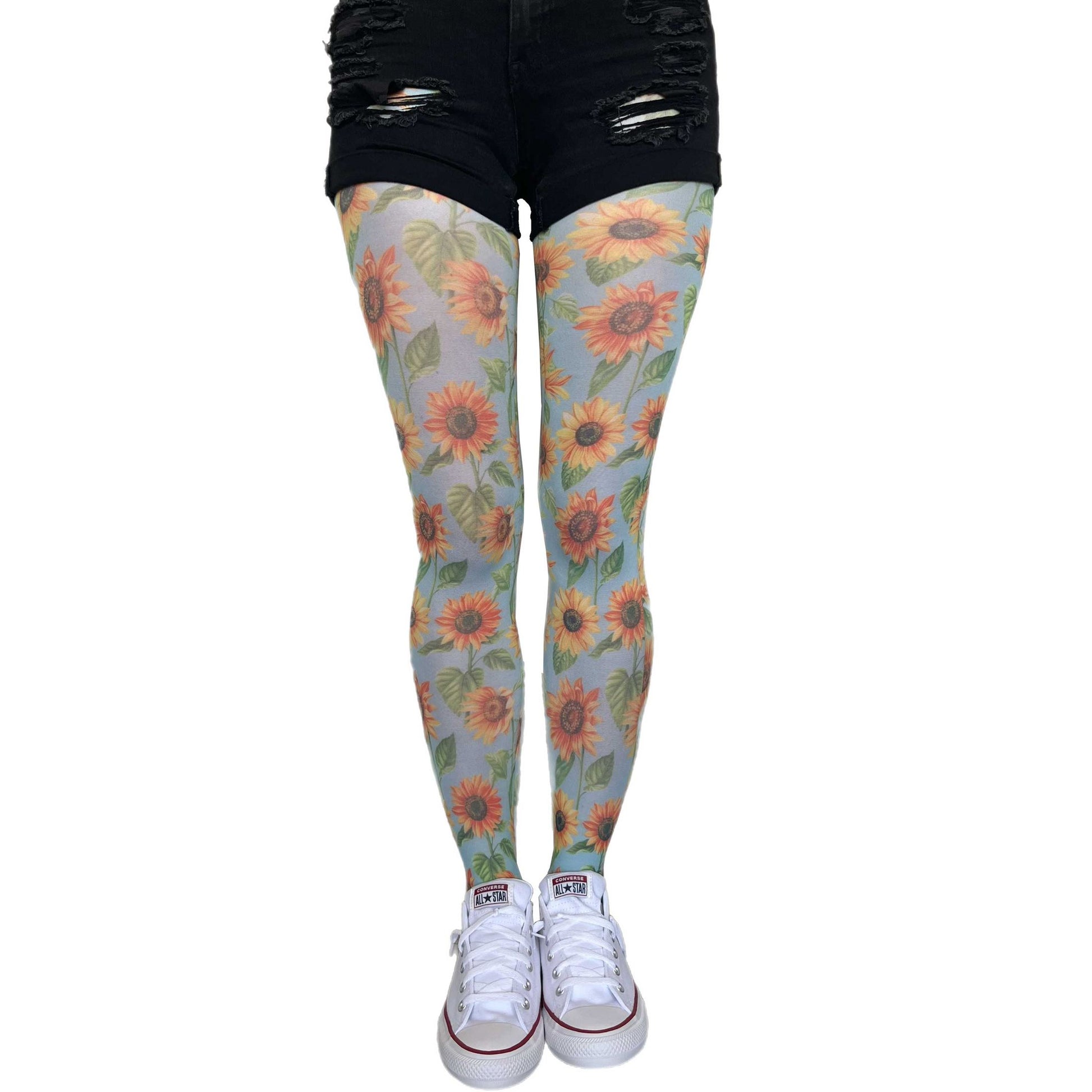 Malka Chic sunflower tights with yellow floral design, cheerful patterned hosiery for autumn styling.