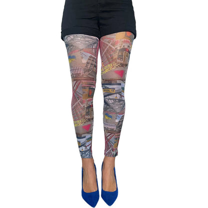 Urban graphic footless tights for women by Malka Chic with artistic print