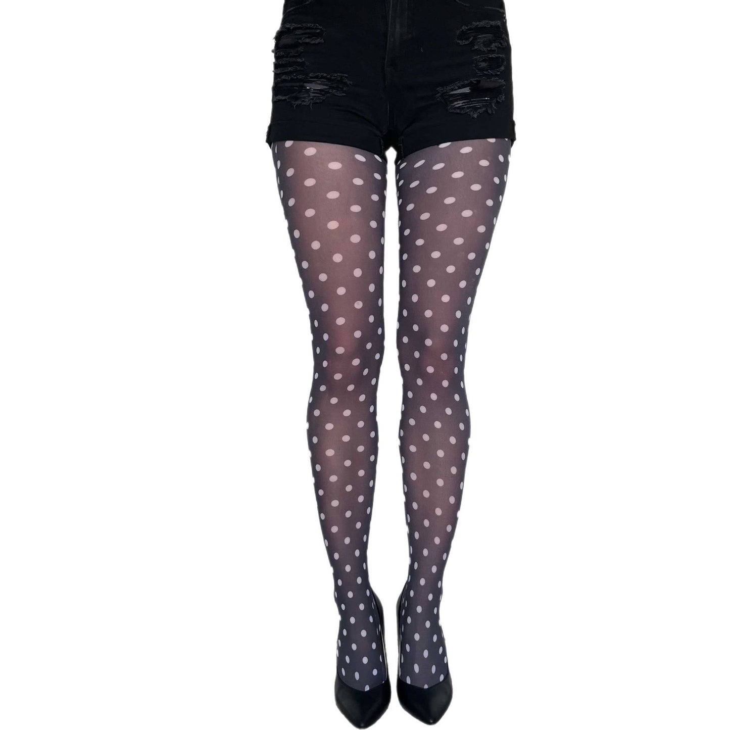 Woman wearing white polka dot tights – 50 denier opaque legwear