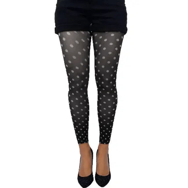 White dotted footless tights for women by Malka Chic featuring classic polka dot pattern