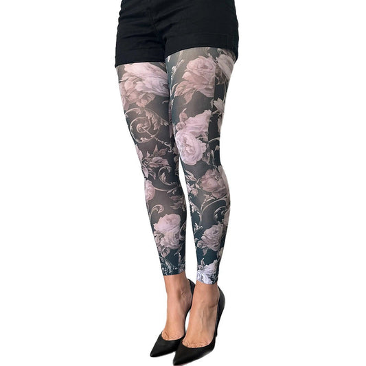 White floral footless tights for women by Malka Chic with delicate flower pattern