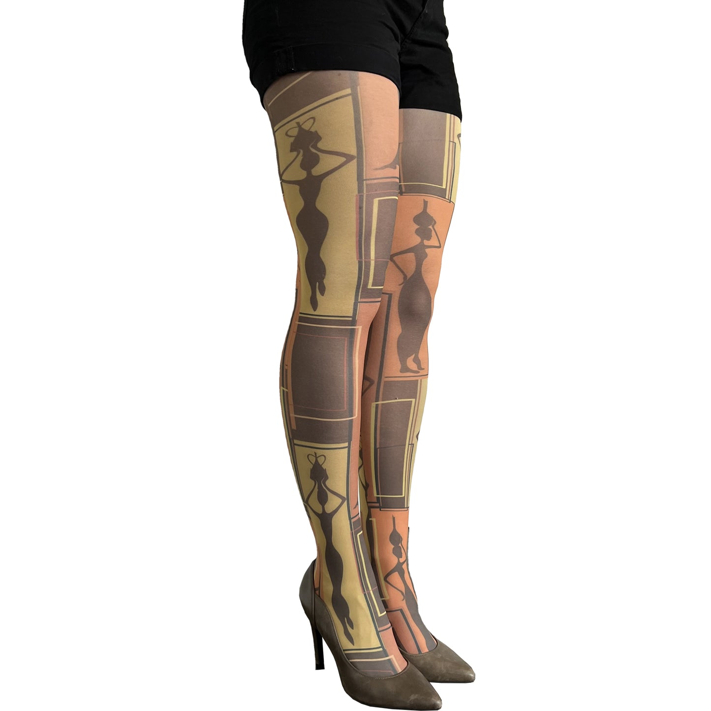Malka Chic African art patterned tights with vibrant design inspired by cultural artwork.