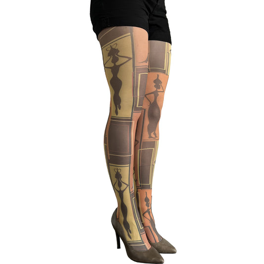 Malka Chic African art patterned tights with vibrant design inspired by cultural artwork.