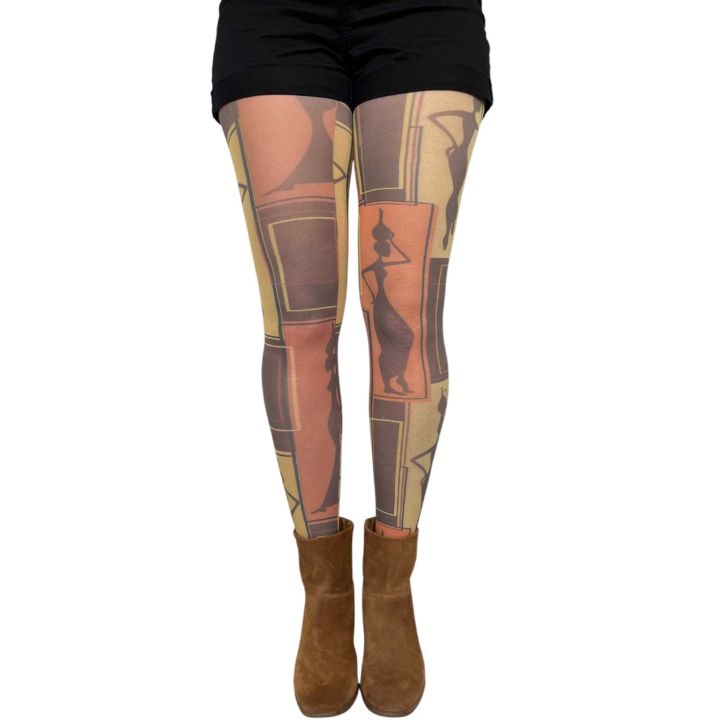 Women’s African print tights featuring artistic silhouettes and earthy warm tones