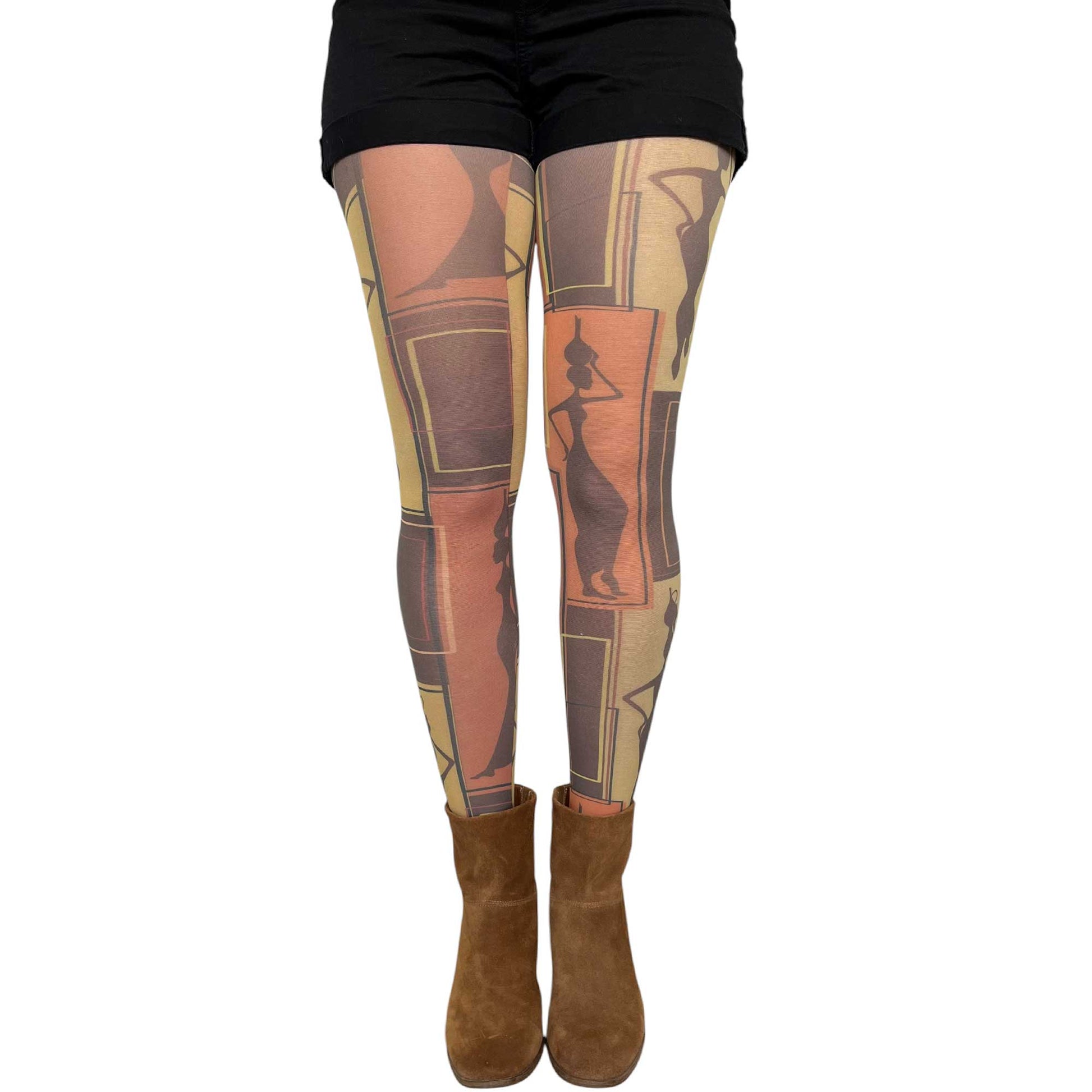 Women’s African print tights featuring artistic silhouettes and earthy warm tones
