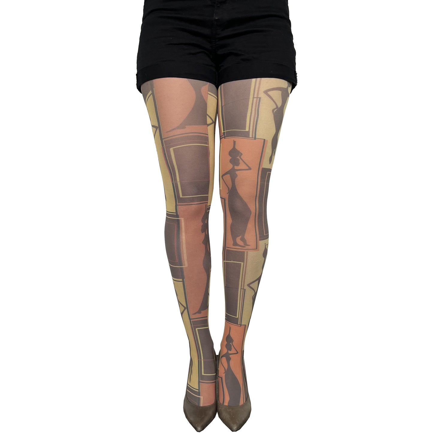 African art tights for women by Malka Chic featuring colorful artistic patterned hosiery.