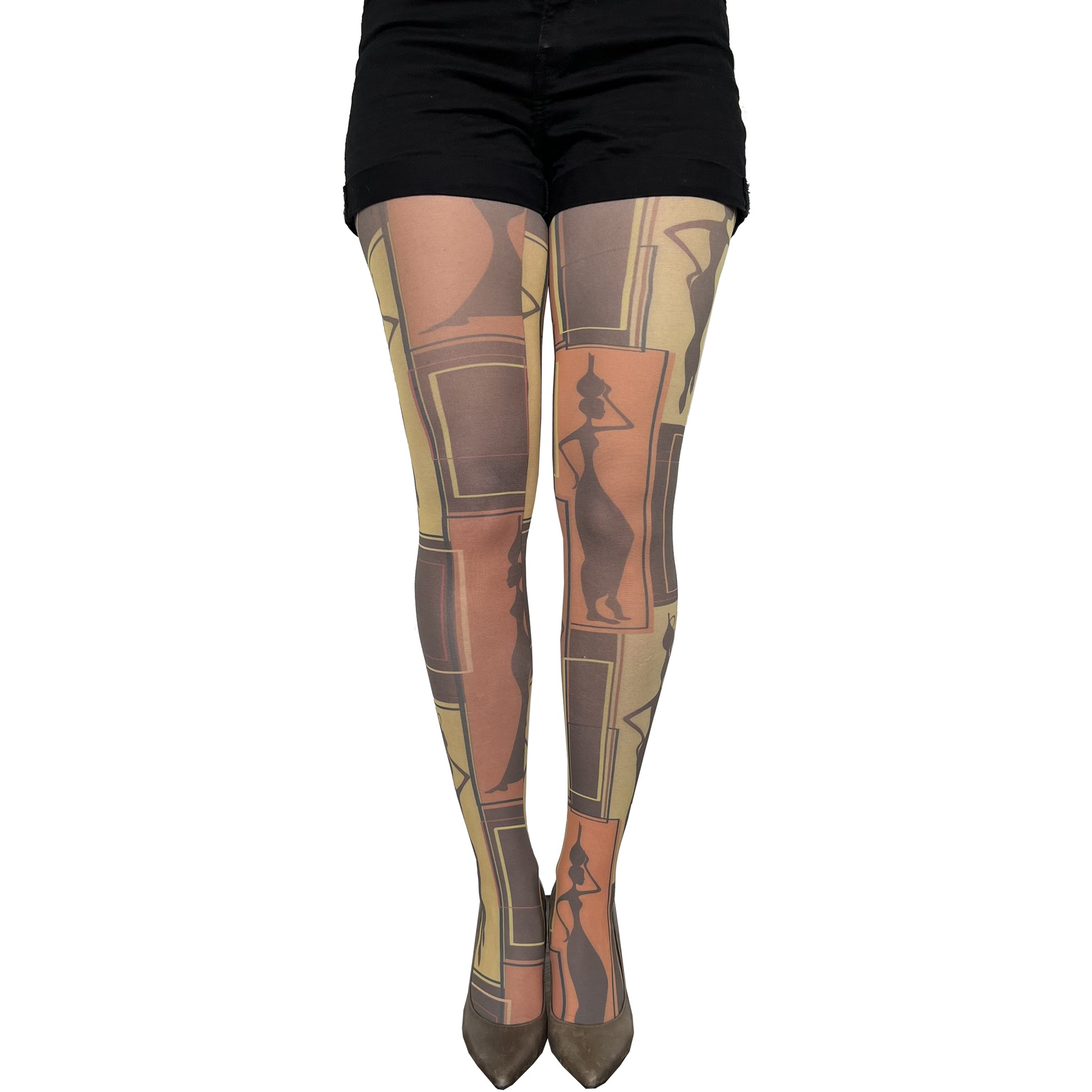 African art tights for women by Malka Chic featuring colorful artistic patterned hosiery.