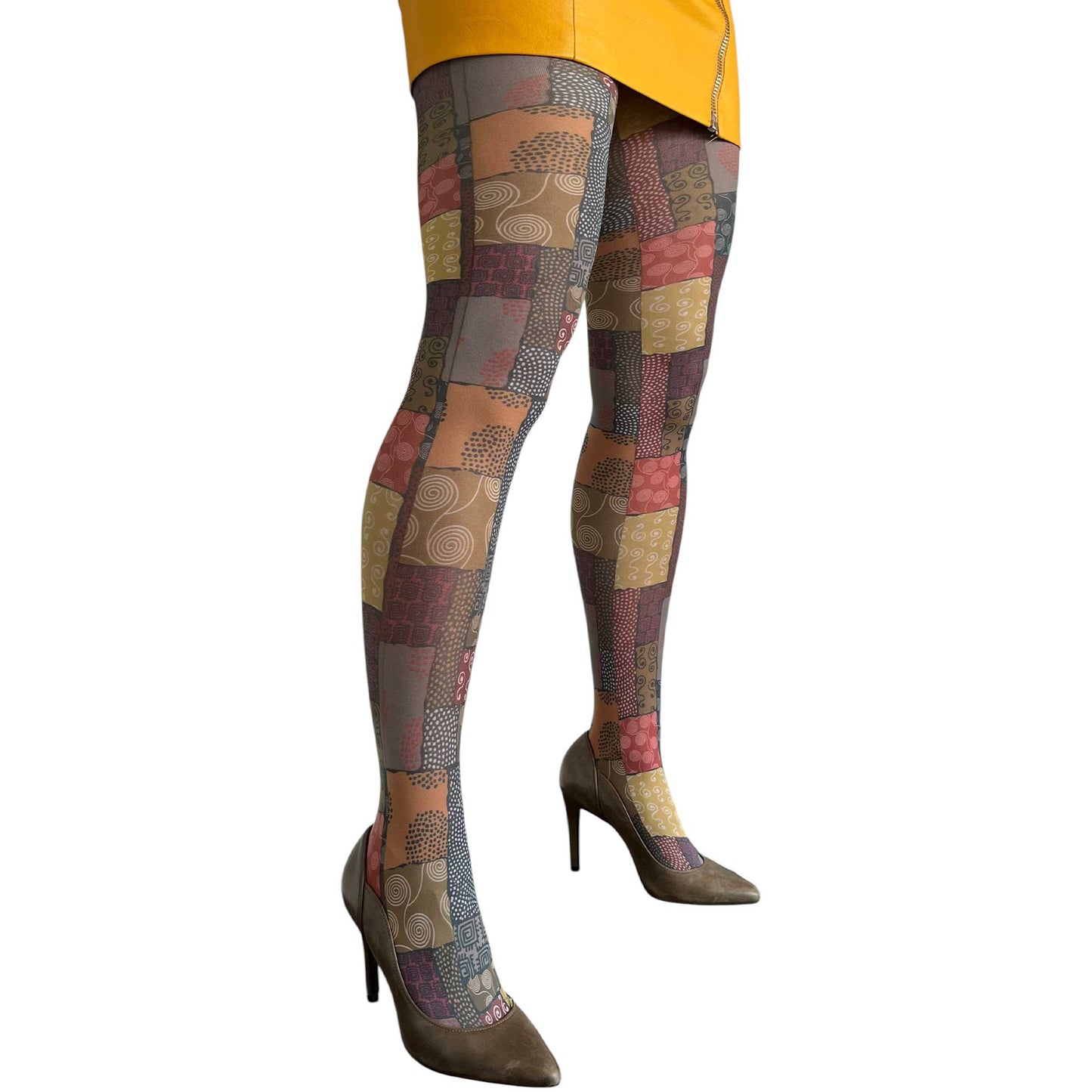 Women’s patchwork print tights featuring African inspired abstract fabric design