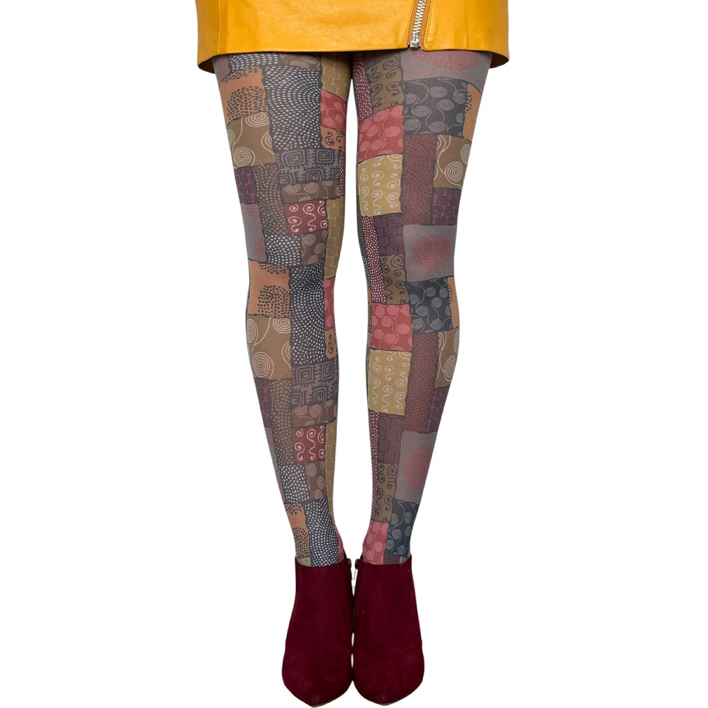 Fashion tights for women with artistic African patchwork and textured motifs