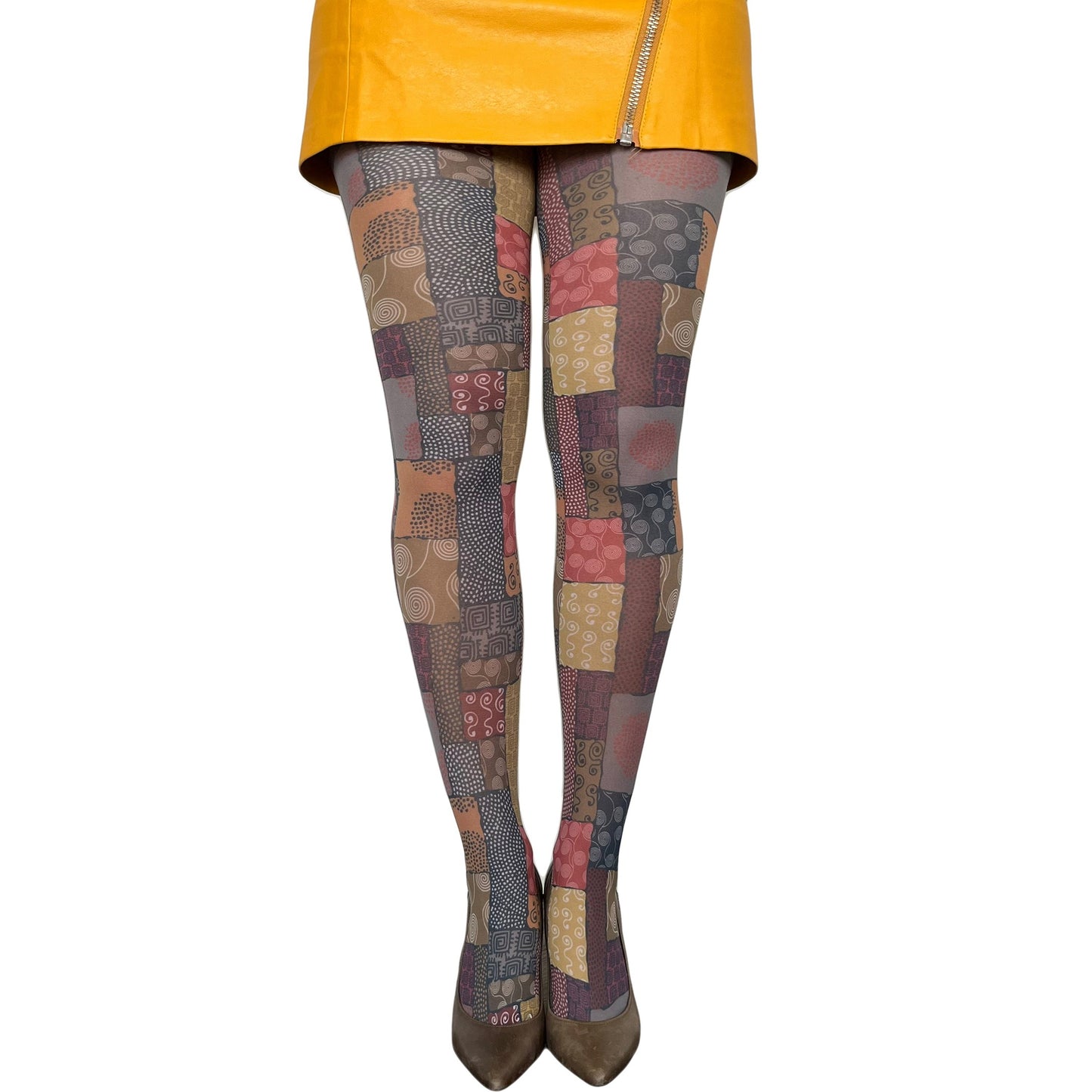 African patchwork tights for women by Malka Chic featuring colorful cultural pattern hosiery.