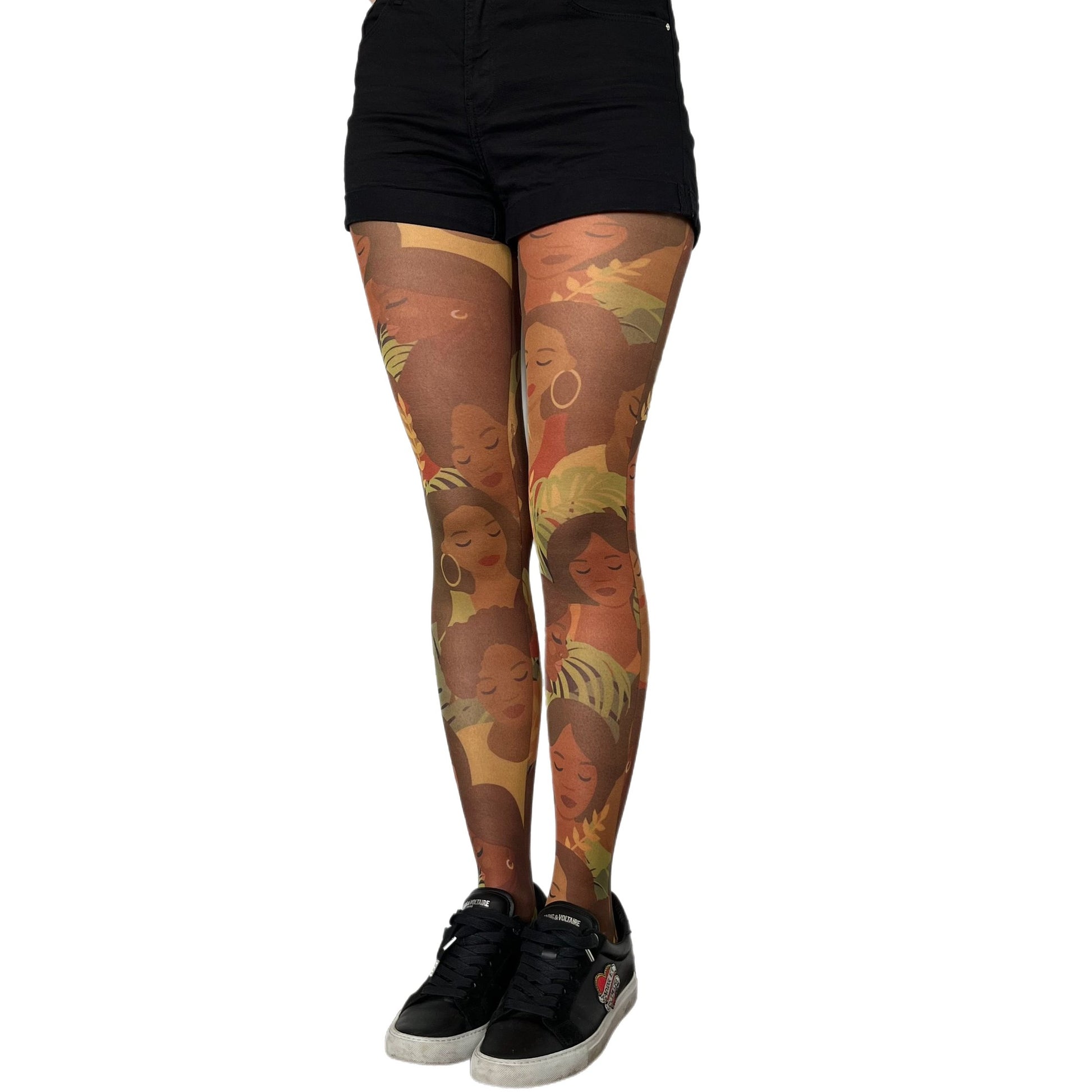 African women tights by Malka Chic featuring artistic patterned hosiery inspired by cultural design.