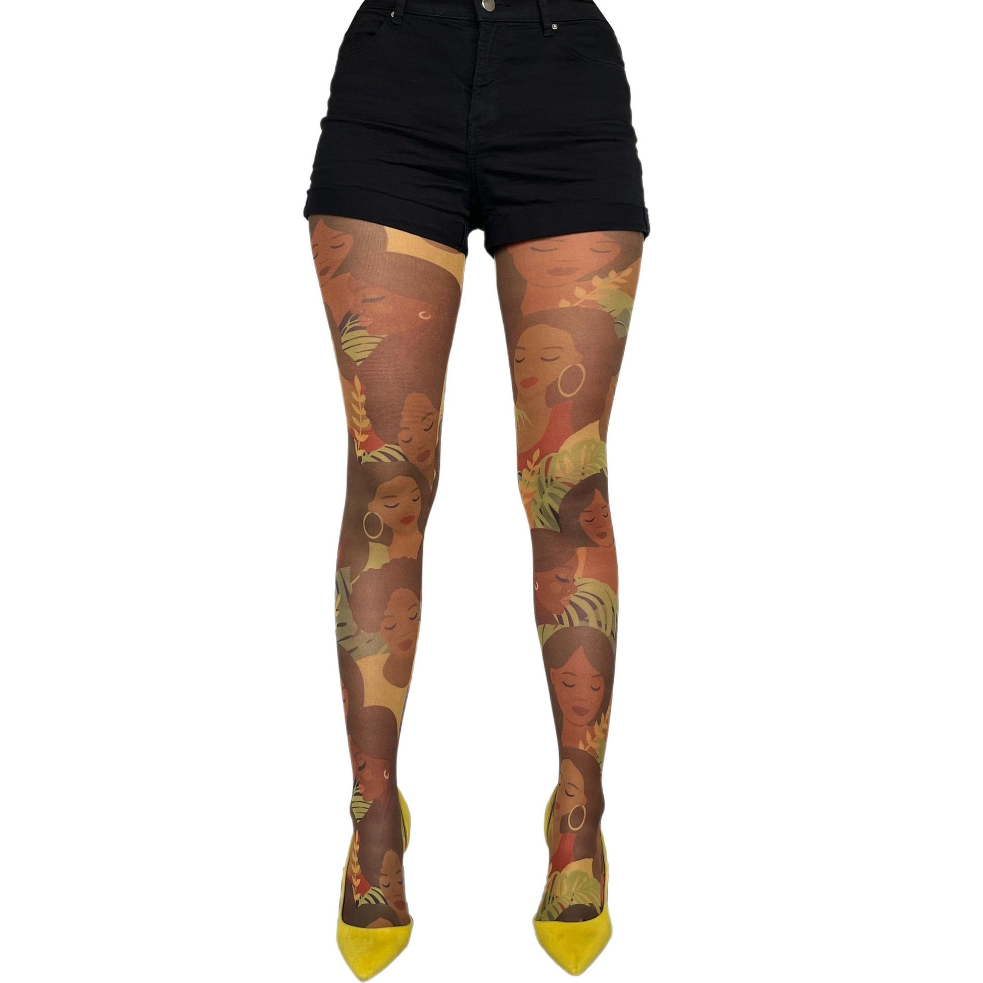 African women tights by Malka Chic featuring artistic patterned hosiery inspired by cultural design.
