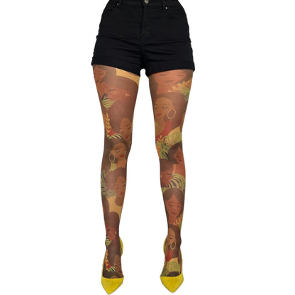 African women tights by Malka Chic featuring artistic patterned hosiery inspired by cultural design.