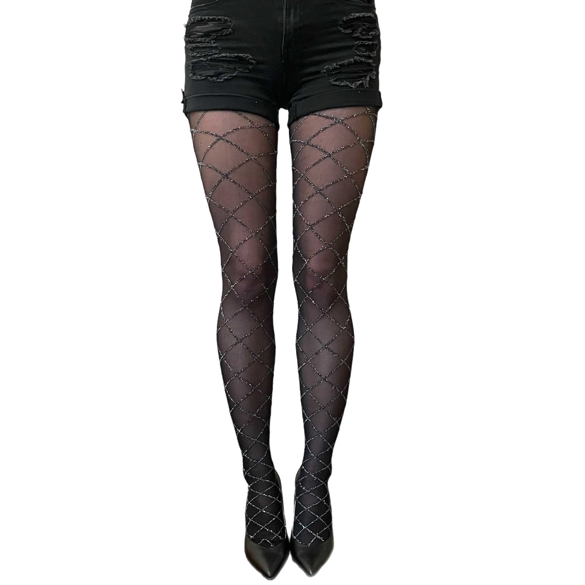 Plus size black sheer silver diamond tights for women – elegant patterned tights
