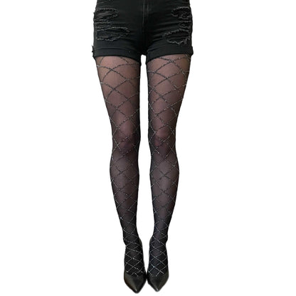 Plus size black sheer silver diamond tights for women – elegant patterned tights
