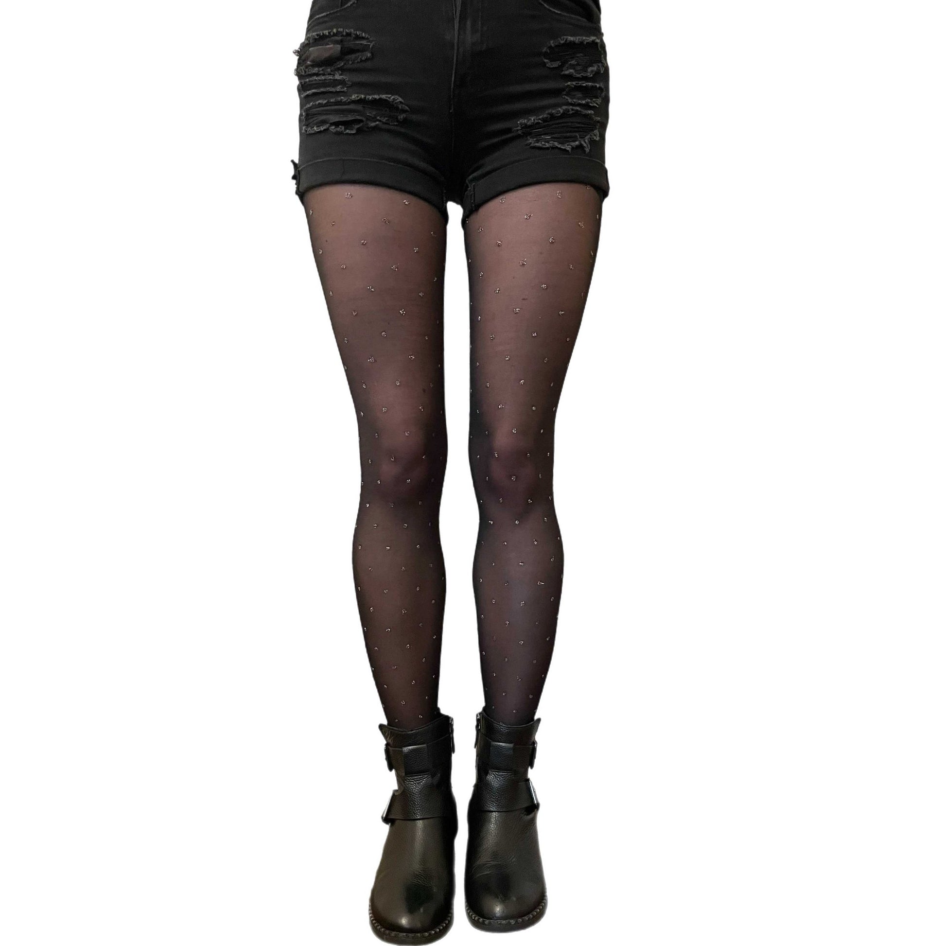 Plus size black sheer glitter polka dot tights for women – patterned tights