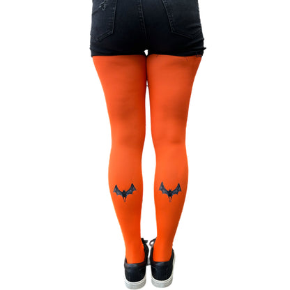 Tights Malka Chic Featuring a bold orange base with black bat designs on the back of the calves 2