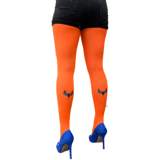 Tights Malka Chic Featuring a bold orange base with black bat designs on the back of the calves