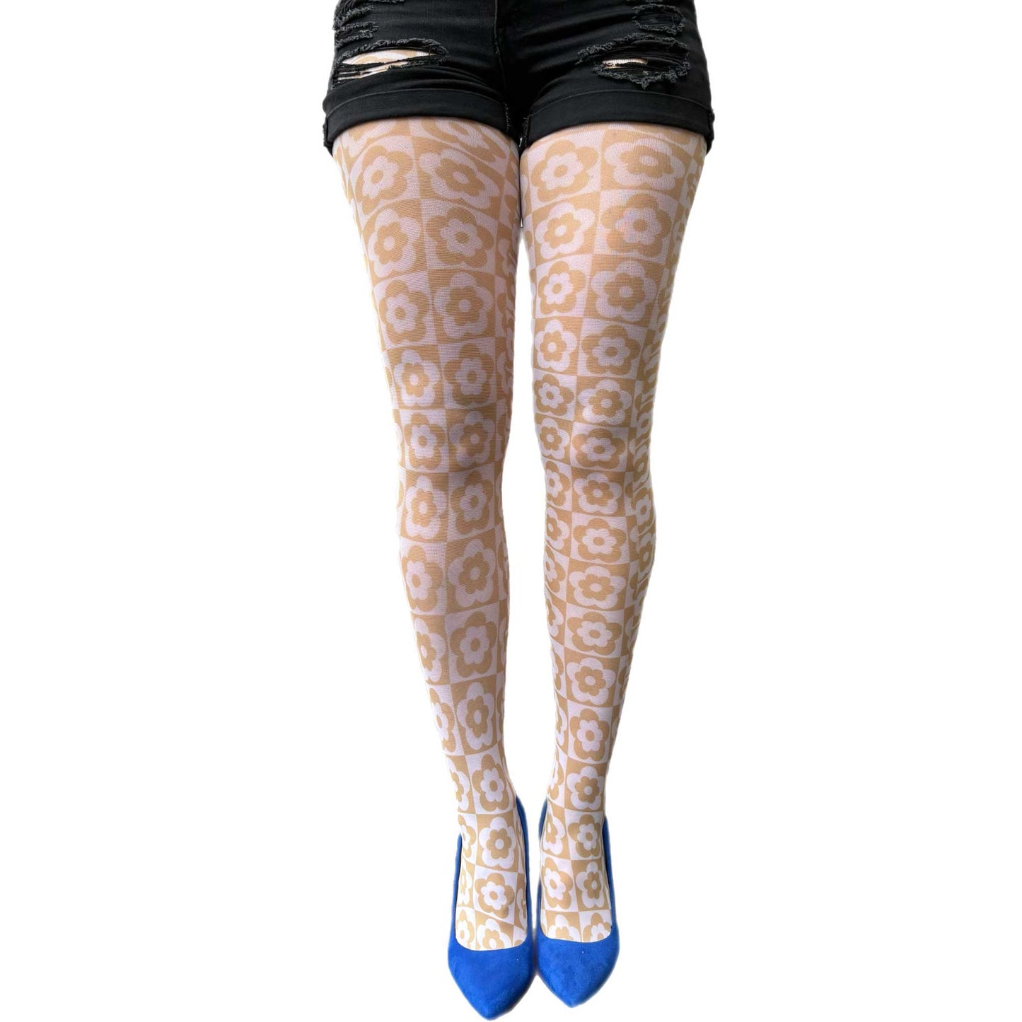 Women’s beige patterned tights featuring daisy floral checker print