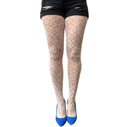 Women’s beige patterned tights featuring daisy floral checker print