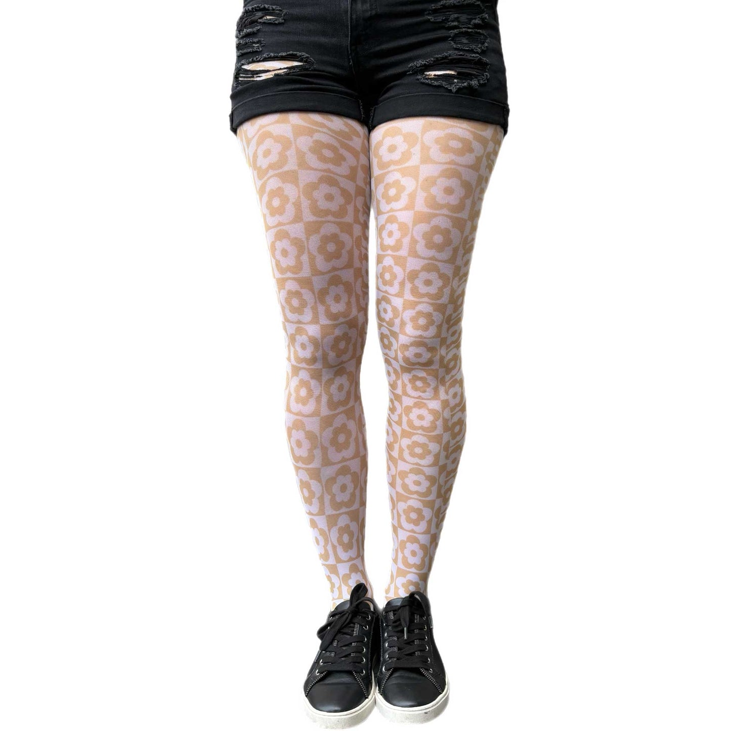 Sheer beige tights with all-over vintage floral check print for women
