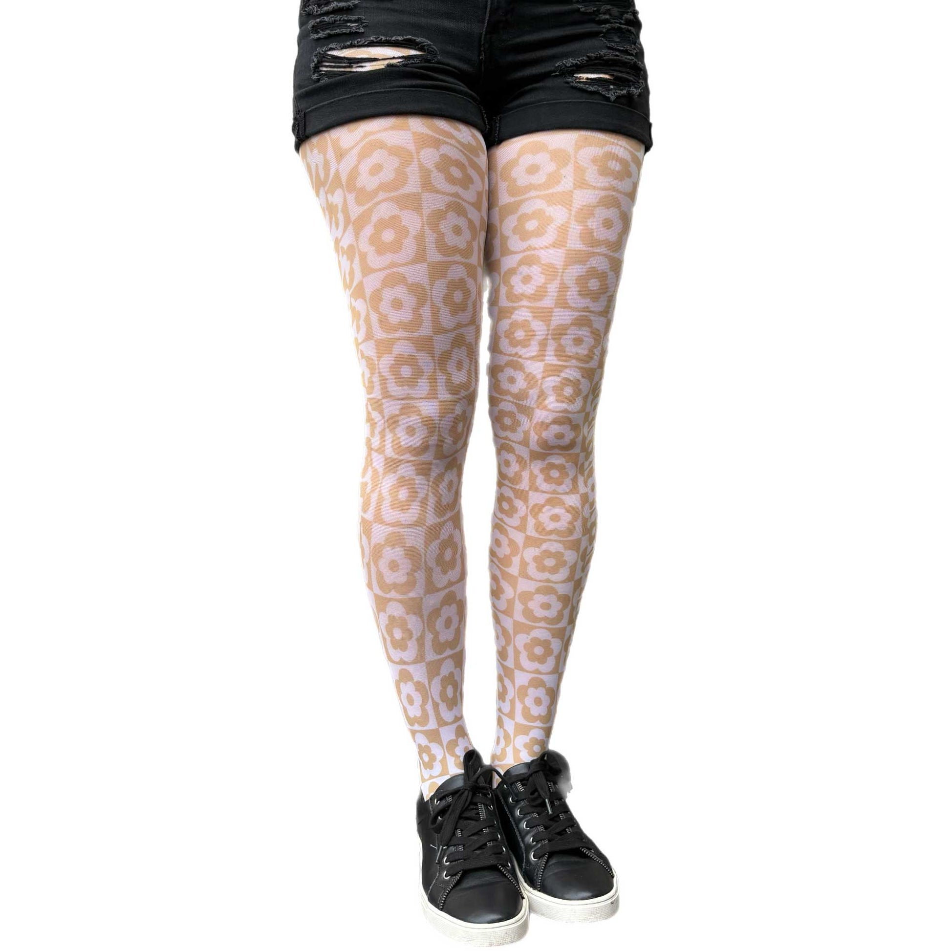 Fashion tights for women in beige floral checkerboard pattern