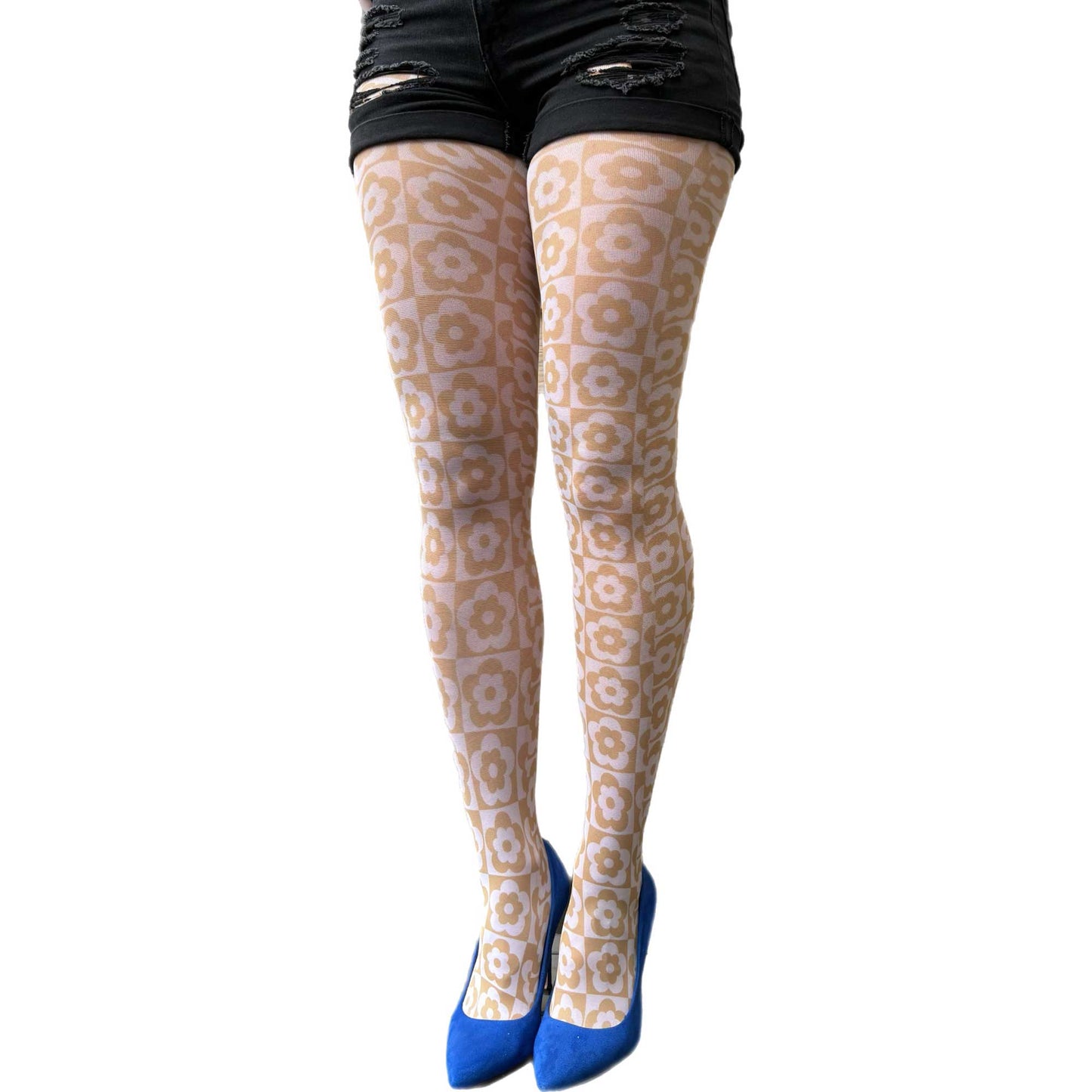 Beige floral check patterned tights for women with retro flower design