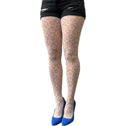 Beige floral check patterned tights for women with retro flower design