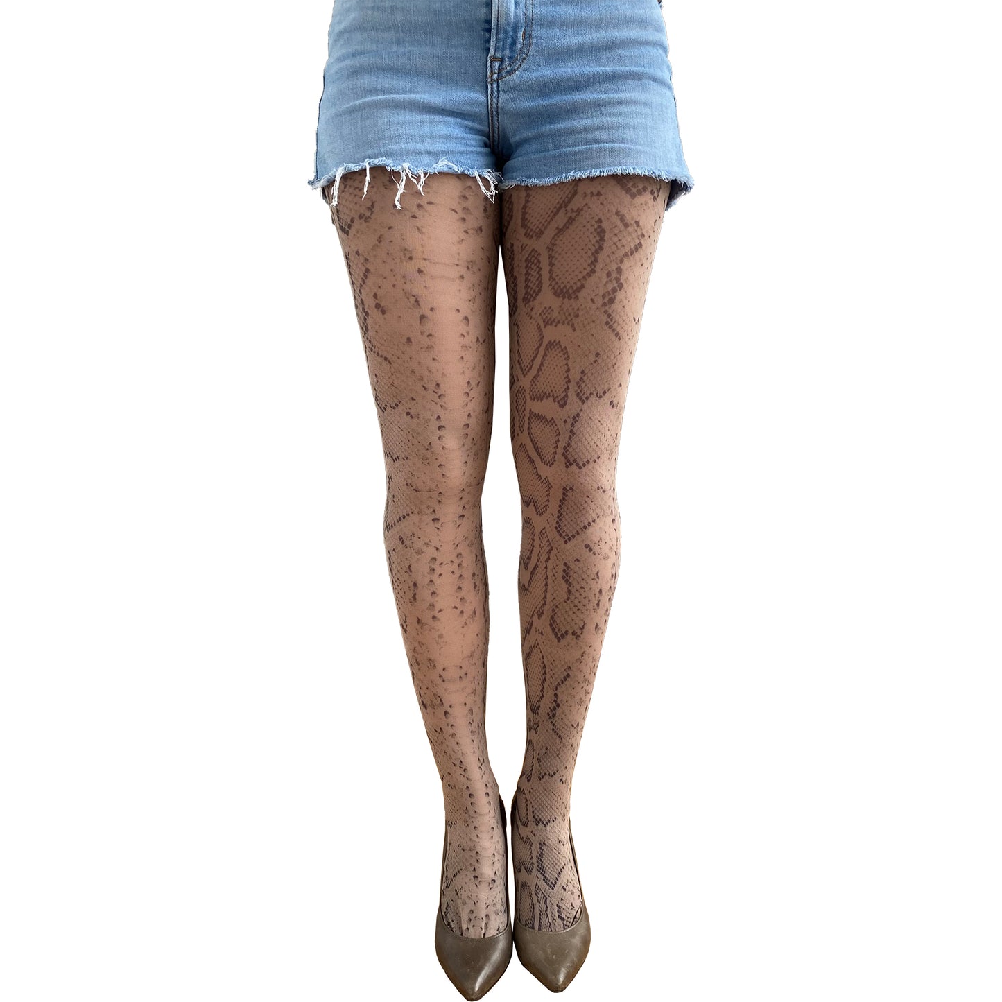 Woman wearing beige snake print tights with heels – fashionable legwear