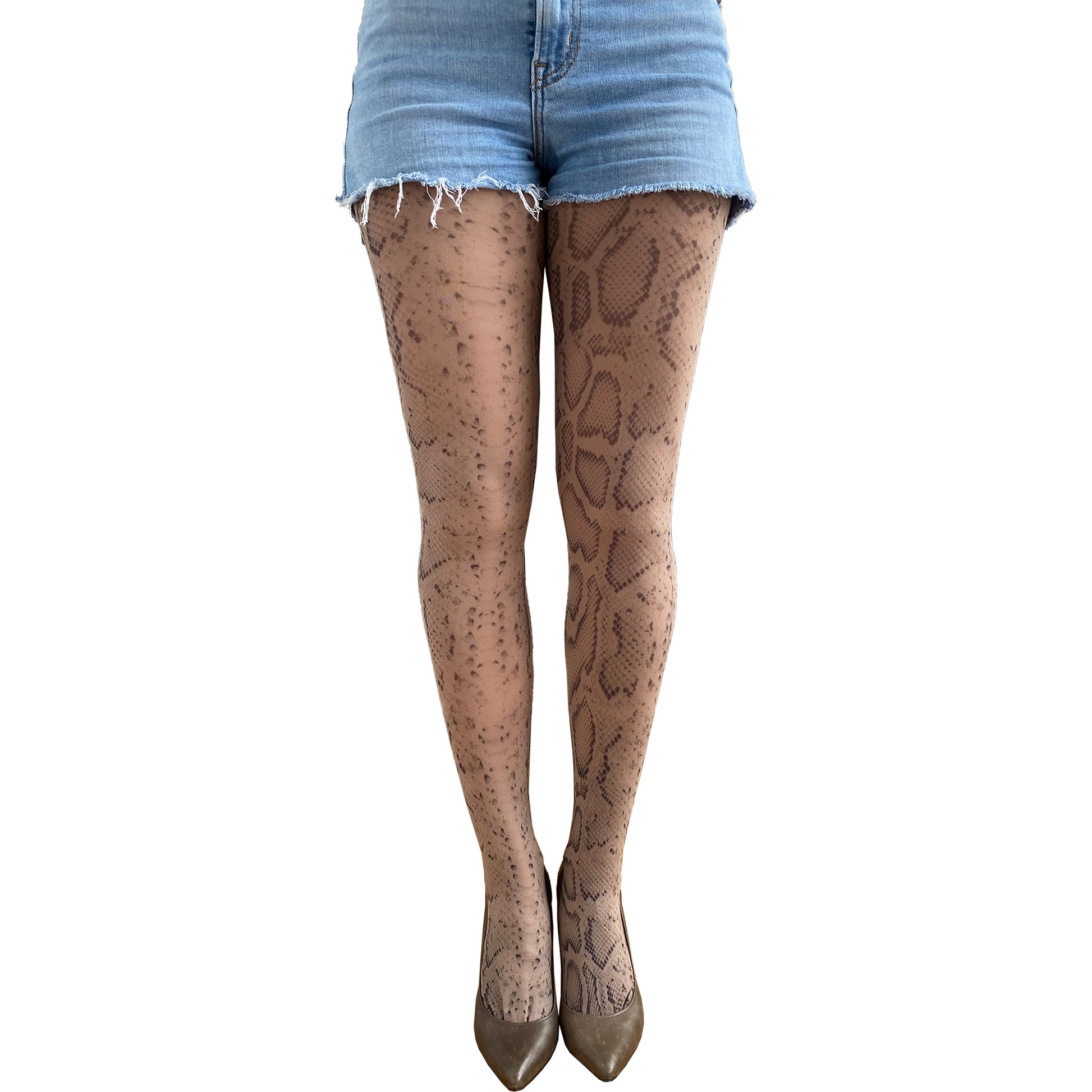 Woman wearing beige snake print tights with heels – fashionable legwear