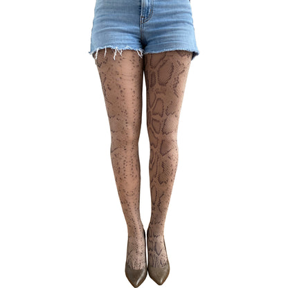 Woman wearing beige snake print tights with heels – fashionable legwear