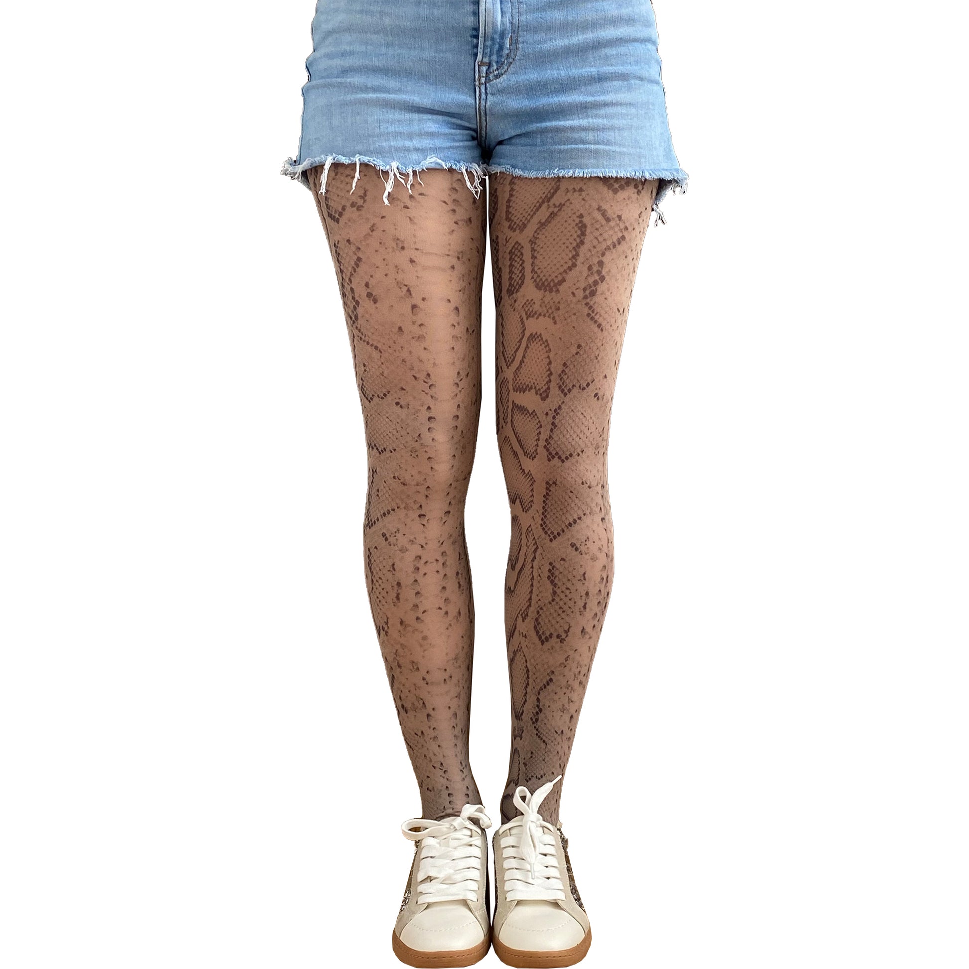 Close-up of beige snakeskin tights – textured patterned fashion tights