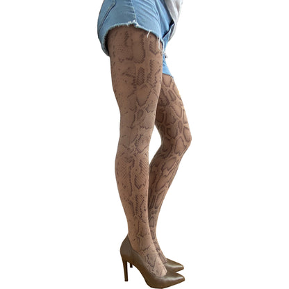 Beige snakeskin print tights for women – patterned fashion tights
