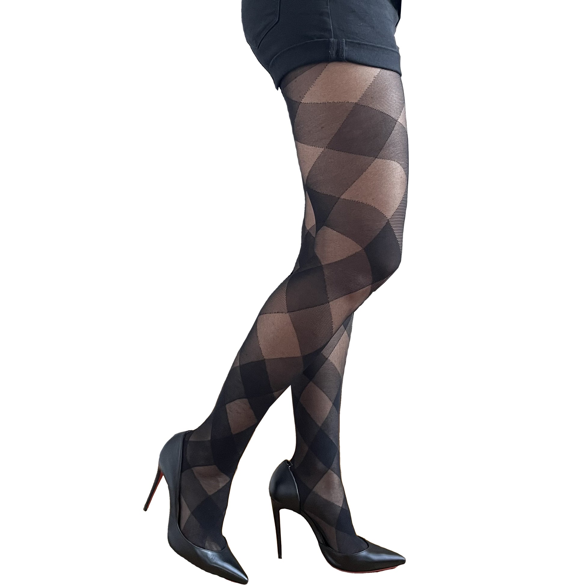 Black diagonal check sheer tights plus size with bold geometric pattern