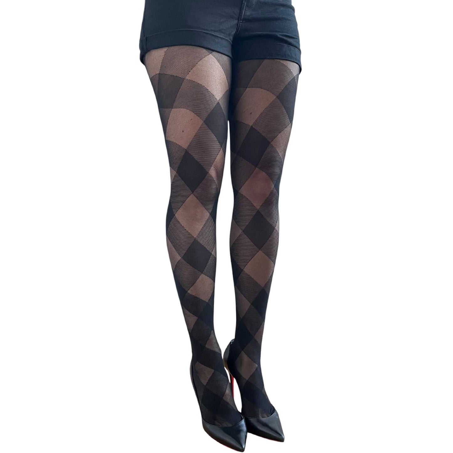 Women’s geometric sheer tights with modern black diamond style pattern