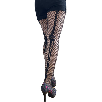 Fishnet tights with skeleton design – black edgy legwear