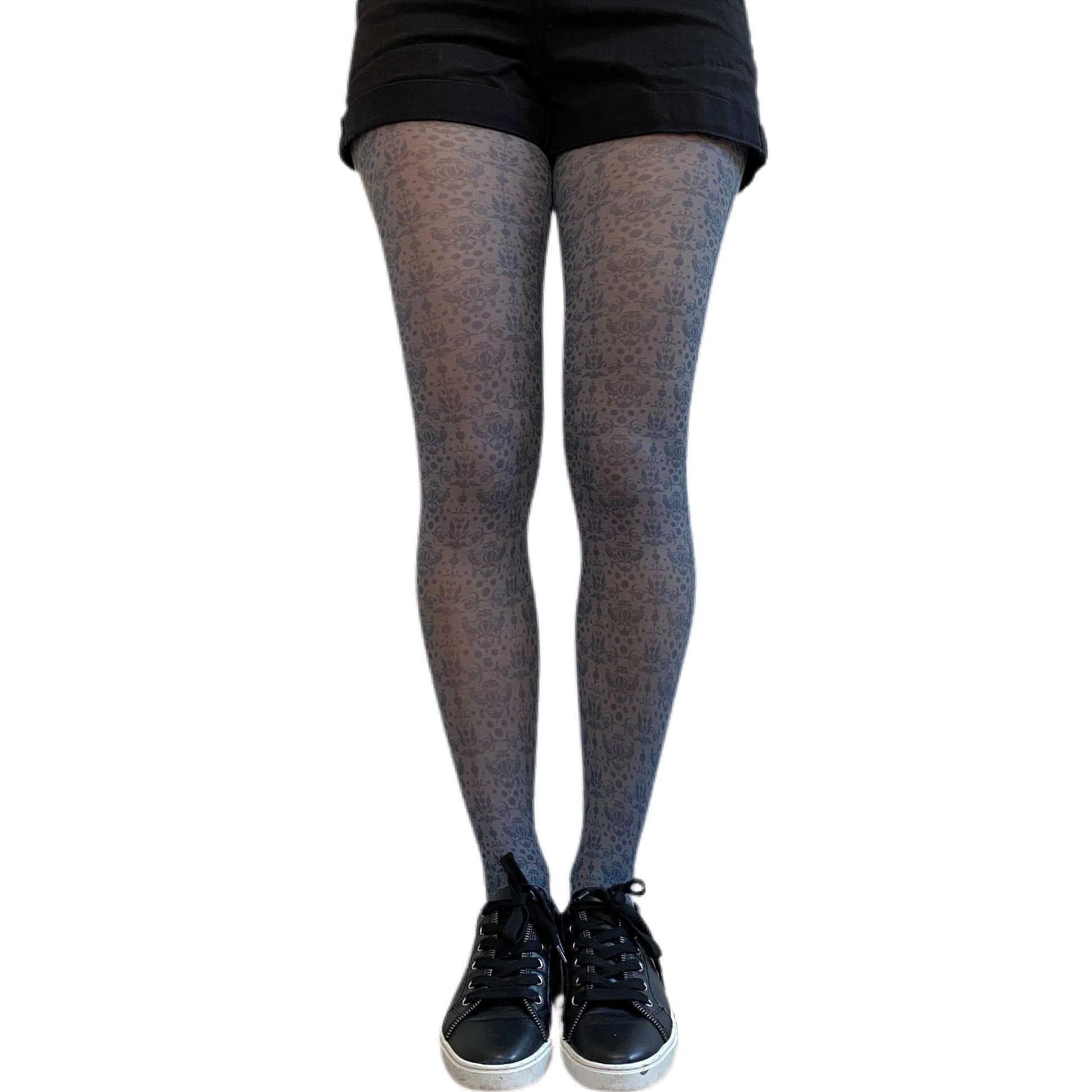 Malka Chic gray damask patterned tights with classic ornate design for sophisticated outfits.