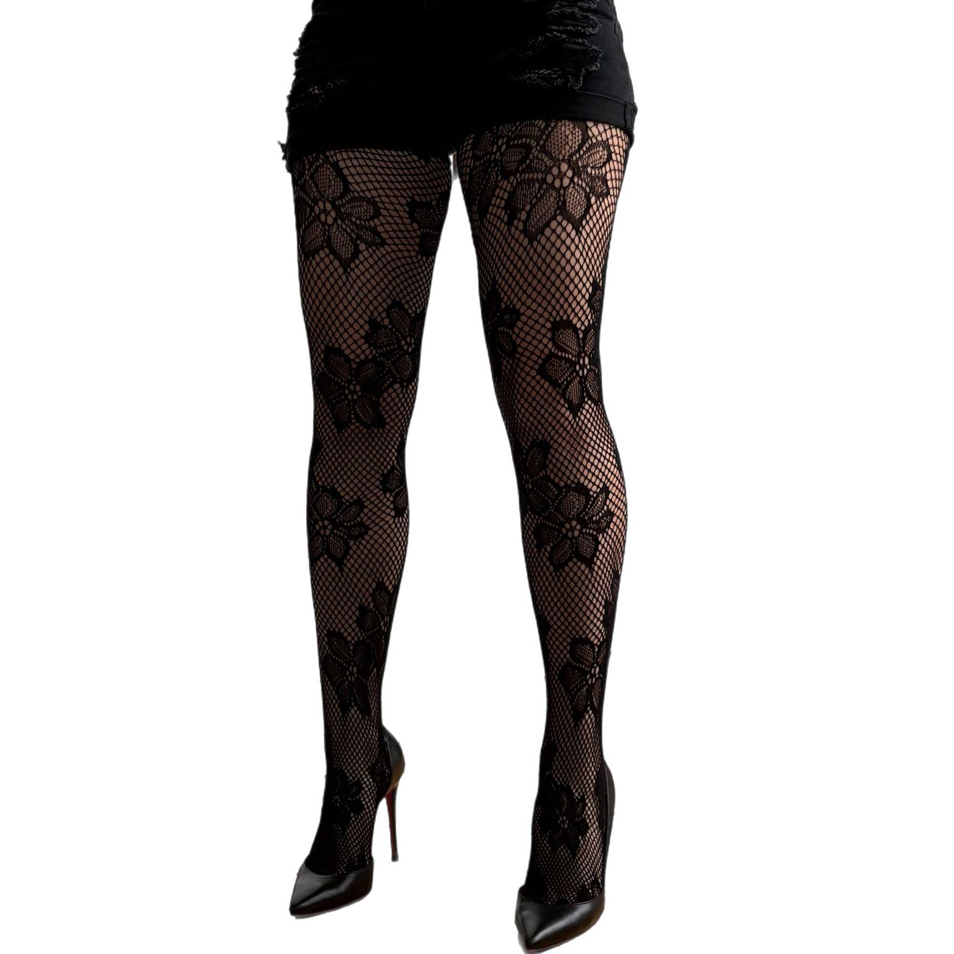Woman wearing black floral lace tights – feminine and elegant outfit