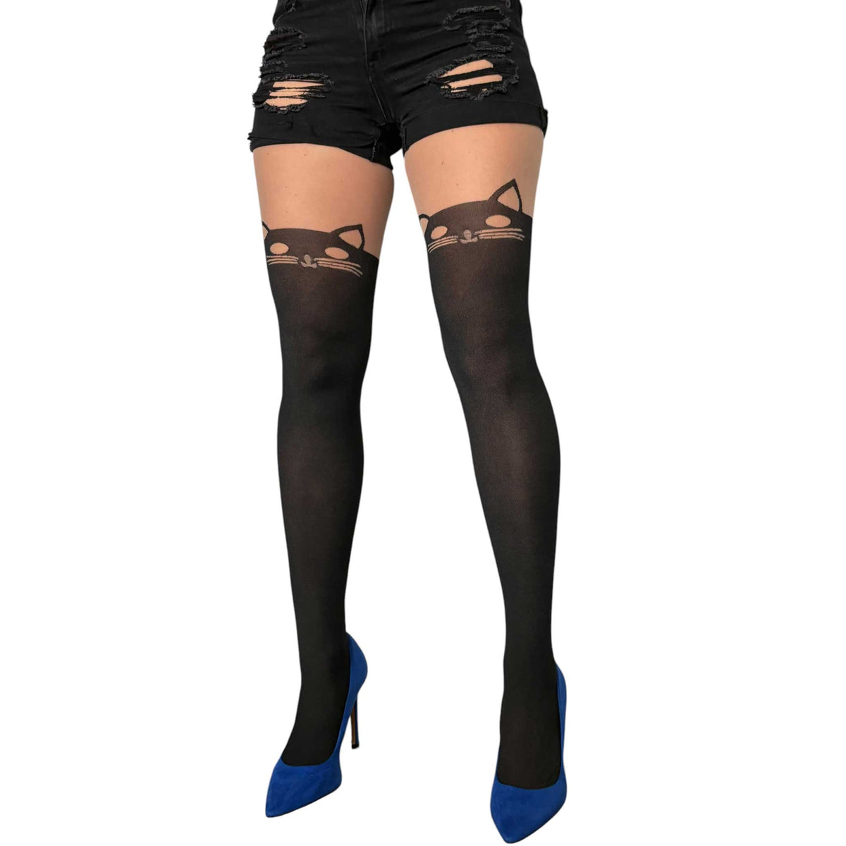 Black cat patterned tights for women by Malka Chic styled with shorts and heels.