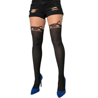 Black cat patterned tights for women by Malka Chic styled with shorts and heels.