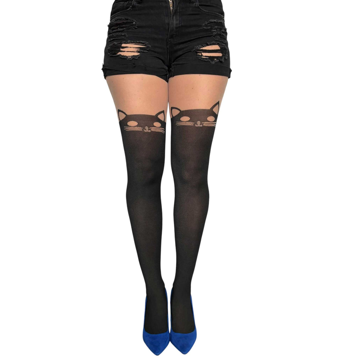 Malka Chic black cat tights for women featuring an illusion thigh high design with cat ears, eyes and whiskers.