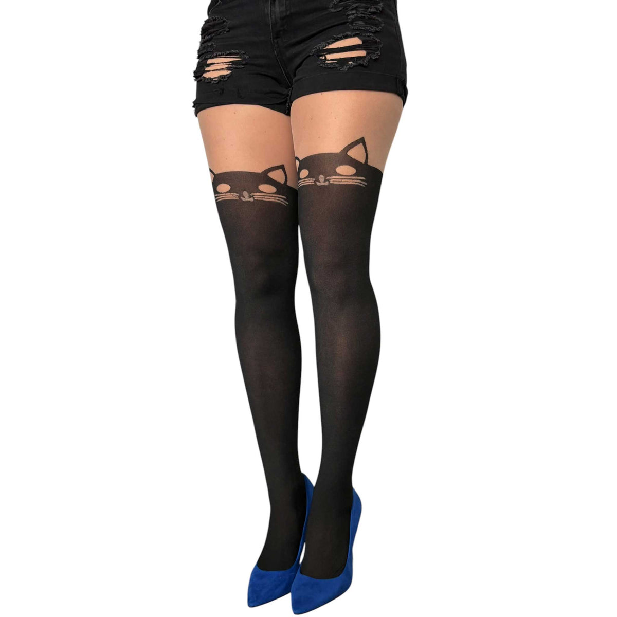 Women’s black illusion thigh high tights by Malka Chic with cute cat face pattern at the upper thigh.