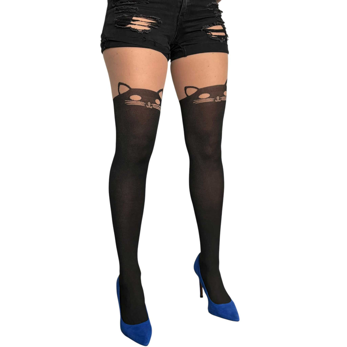 Black cat illusion thigh high tights for women by Malka Chic with playful cat face detail above the knee.