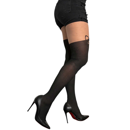 Cute black cat tights for women by Malka Chic featuring faux thigh high styling and whisker detail.